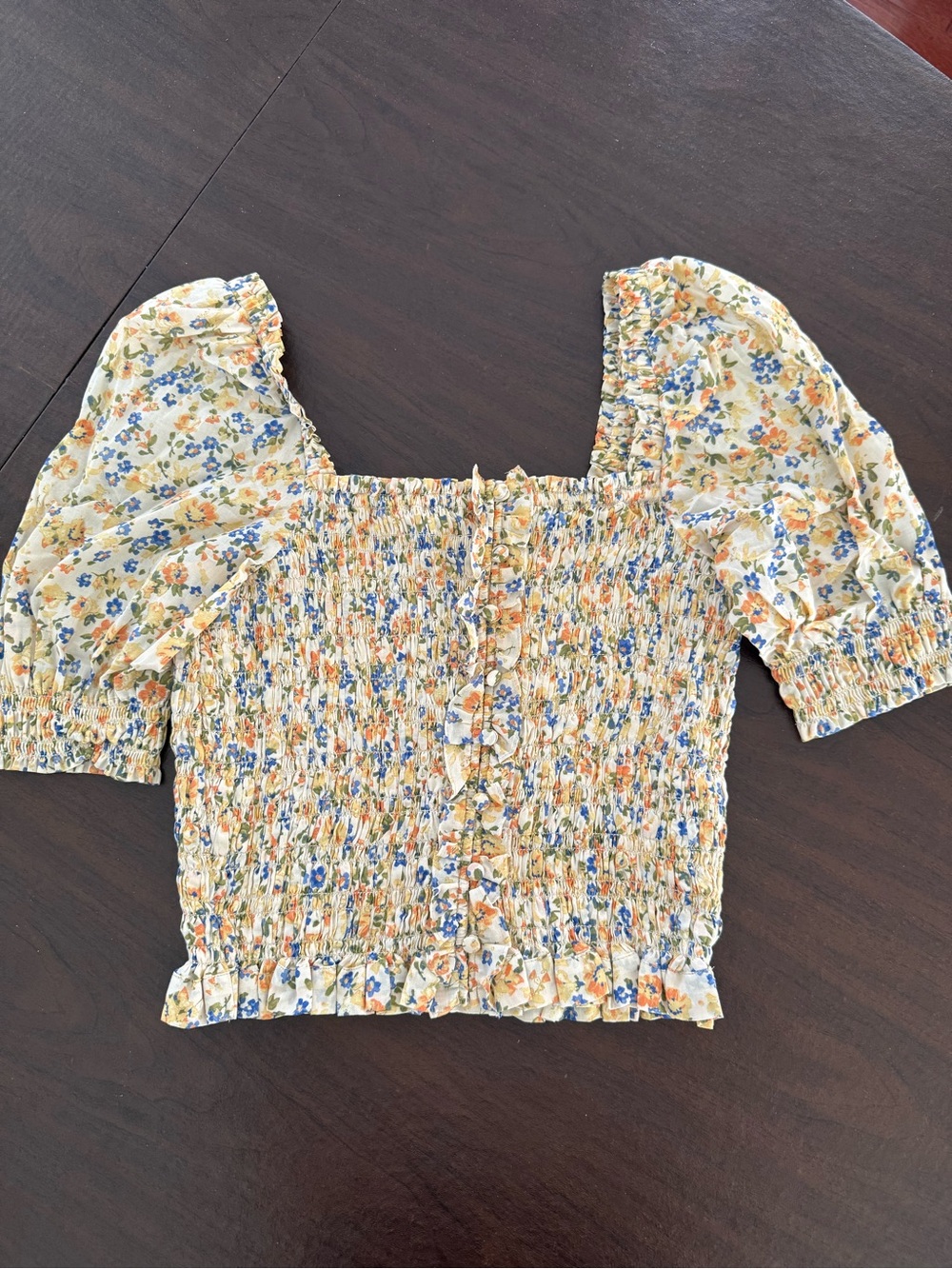 Sezane Blouse Mirtha Jardin Yellow Floral Smocked Puff-Sleeve Crop Top